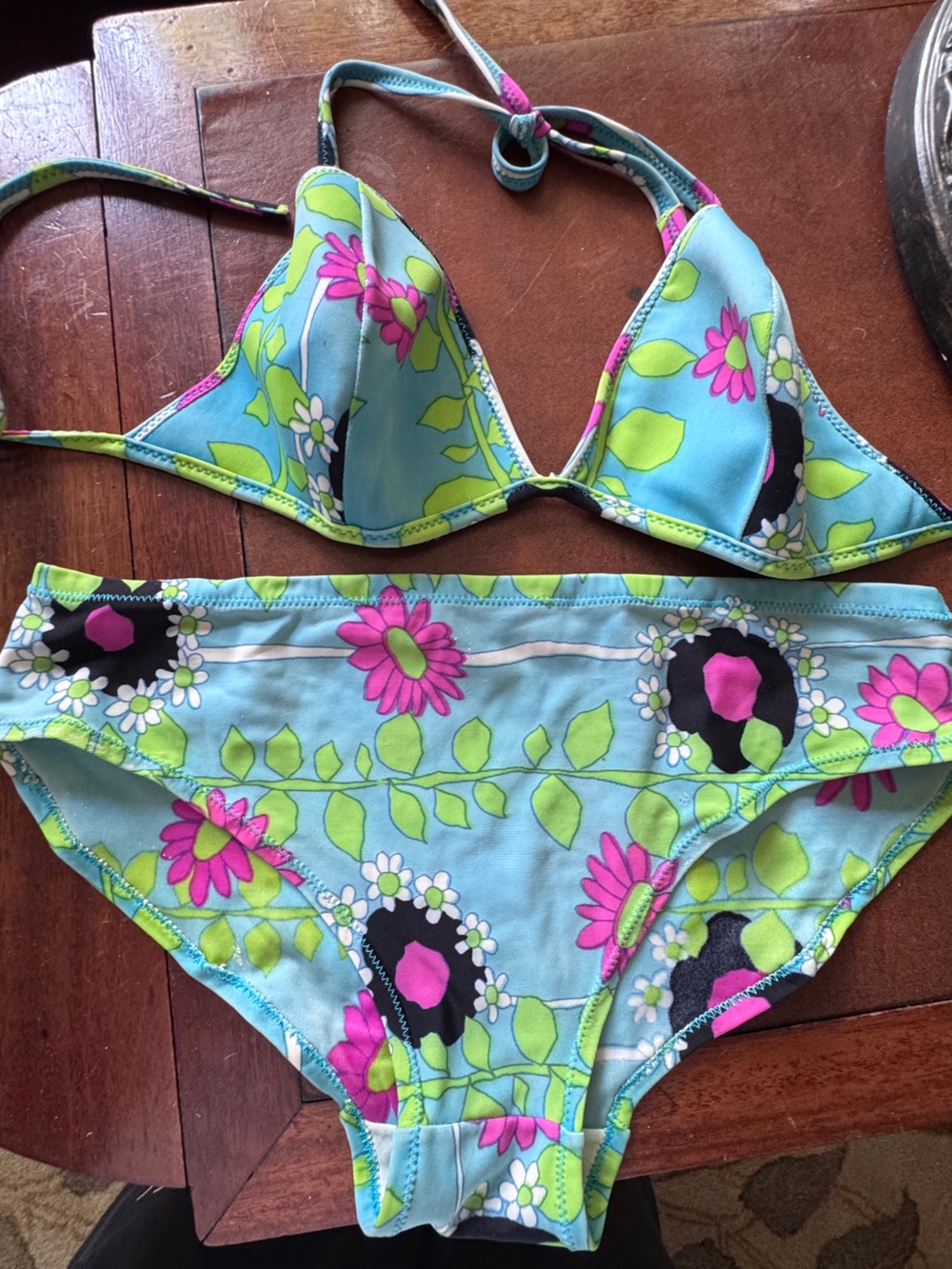 Vintage 1960s Flower Power Halter Bikini with Pink & Green Accents